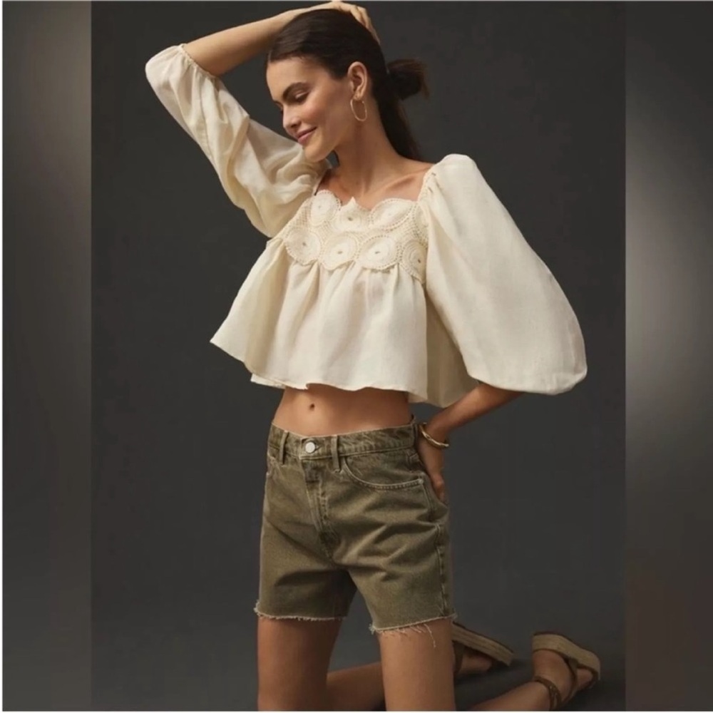 Anthropologie Lace Crochet Babydoll Top Cream Knit Linen Blend size L